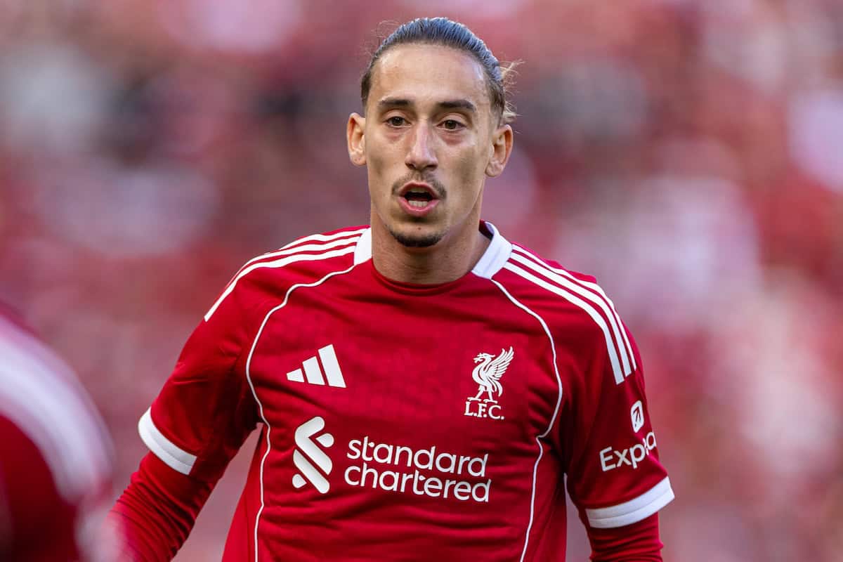 LIVERPOOL, ENGLAND - Monday, August 4, 2025: Liverpool's Kostas Tsimikas during a pre-season friendly match between Liverpool FC and Athletic Bilbao at Anfield. Liverpool won 4-1. (Photo by David Rawcliffe/Propaganda)