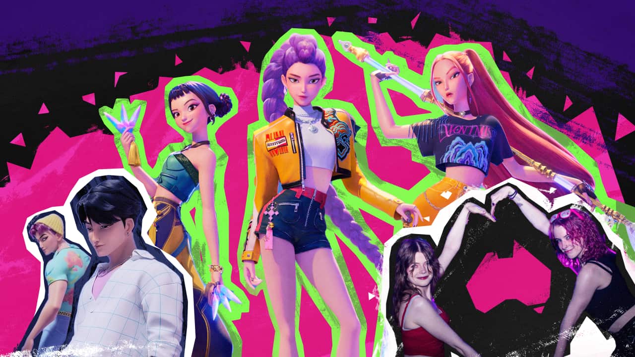 A composite image of the animated boy and girl groups from the film KPop Demon Hunters, next to an image of two young women making a heart shape with their arms with a map of Australia inside.