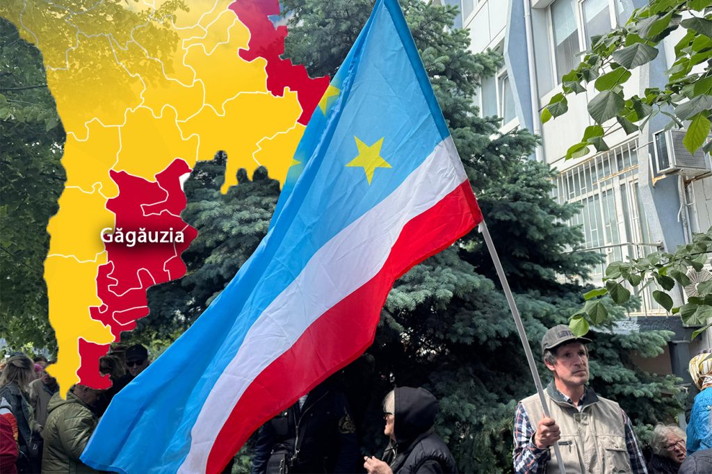 Drapelul Găgăuziei și rezultatele alegerilor parlamentare din 2025 în Republica Moldova. Colaj: Ion Mateș / Hotnews. Foto: AA/ABACA / Abaca Press / Profimedia