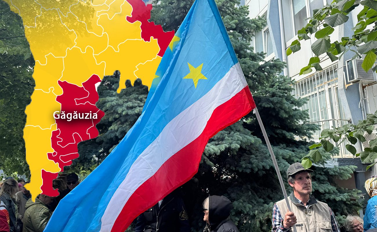 Drapelul Găgăuziei și rezultatele alegerilor parlamentare din 2025 în Republica Moldova. Colaj: Ion Mateș / Hotnews. Foto: AA/ABACA / Abaca Press / Profimedia