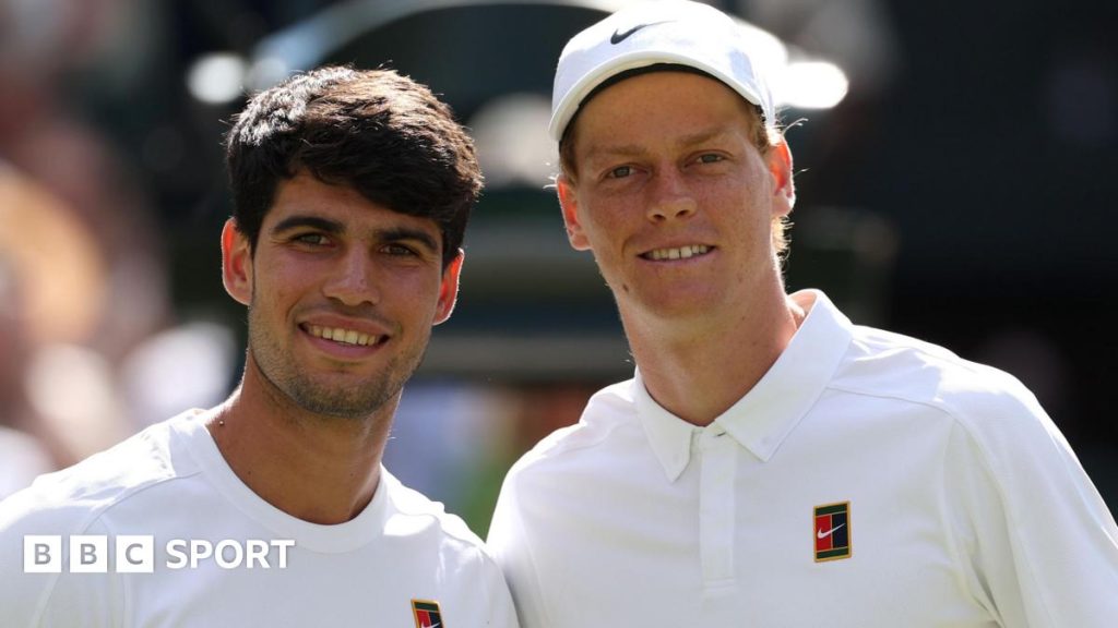 Carlos Alcaraz and Jannik Sinner pose together before the Wimbledon final