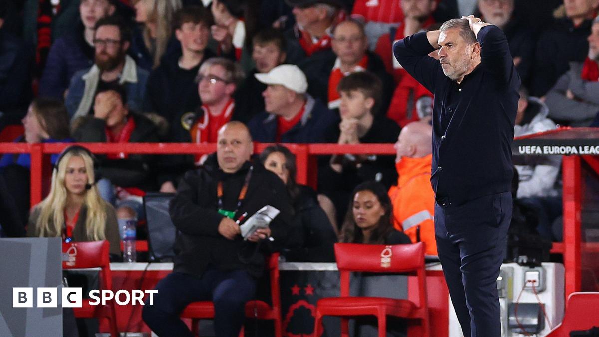 Ange Postecoglou has hands on his head as he watches Nottingham Forest slide to defeat