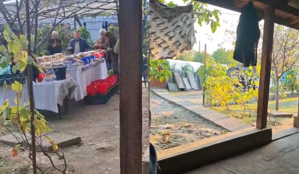 Colaj cu imagini surrprimse in curtea unei gospodarii din Dolj unde pretorul a facut o pomană fara ca familia sa fie de fata, se vede preptul langa el inca un barbat si doua femei in fata masei pe care era asezata mancarea