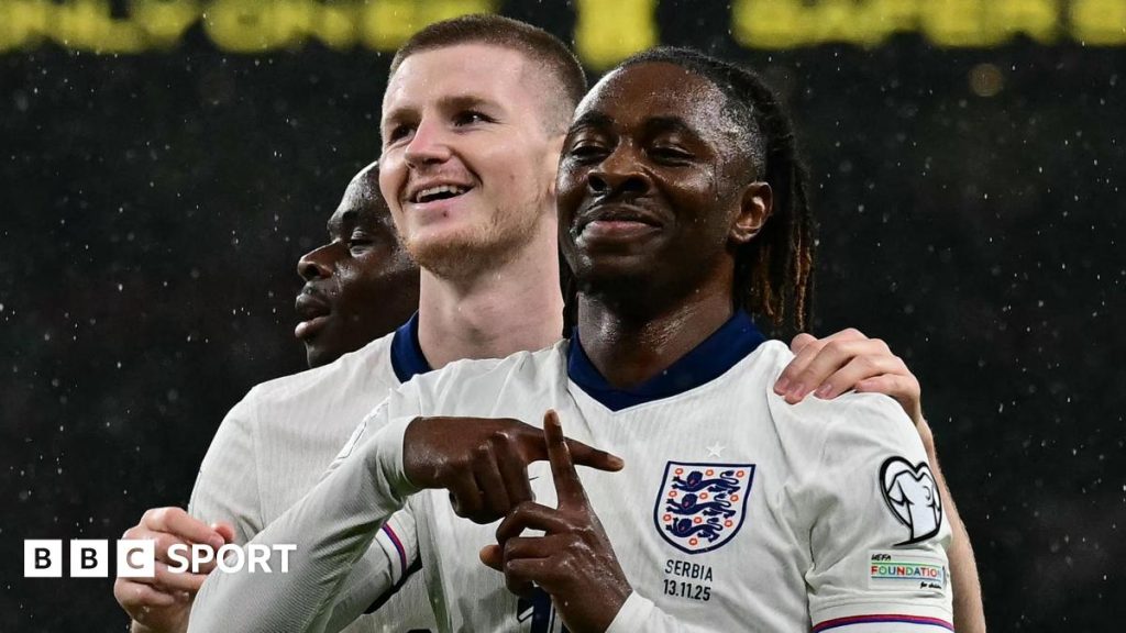 Bukayo Saka slides in celebration after putting England ahead in the World Cup qualifier against Serbia at Wembley.