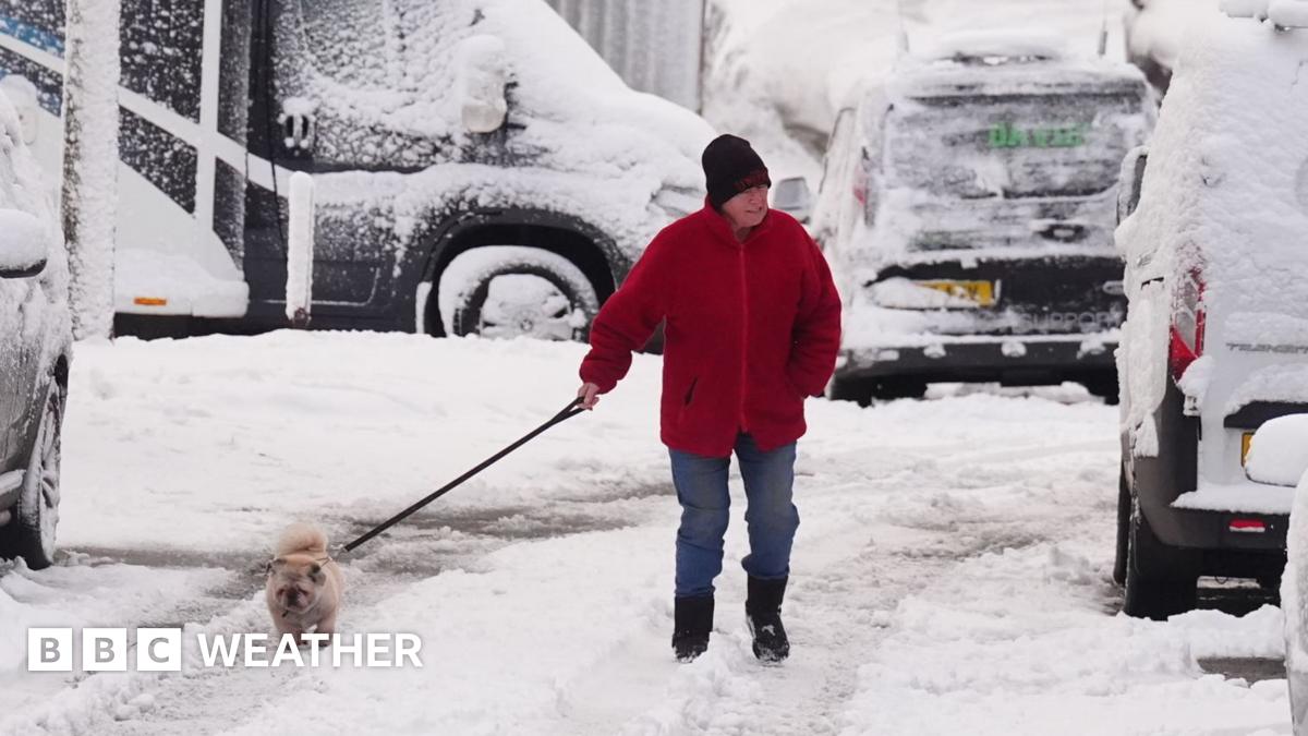heavy snow that covers all cars and the road. The man is wearing a red coat and black hat and is on the snow-covered road with the dog on a leash