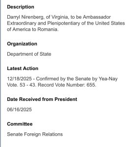 Darryl Nirenberg, numit în funcția de ambasador al Statelor Unite în București – Comunicat al Ambasadei.