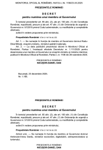 .Decretele de desemnare în funcție a noilor miniștri ai Apărării și Economiei, publicate în Monitorul Oficial.