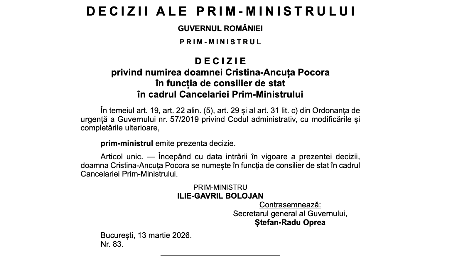 Cristina pocora, numită consilier de stat la cancelaria prim-ministrului