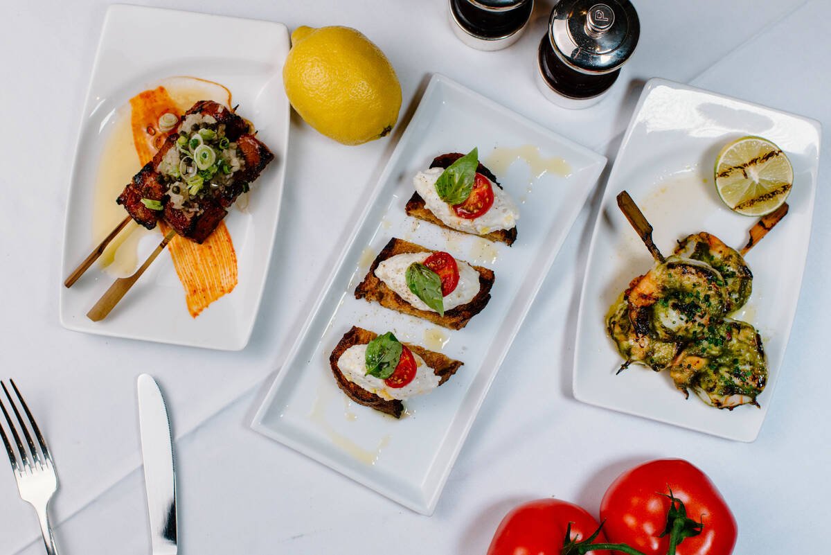 Beef skewers, burrata tartine and prawn skewers from the Cinq à Sept menu at LPM Restaurant & ...