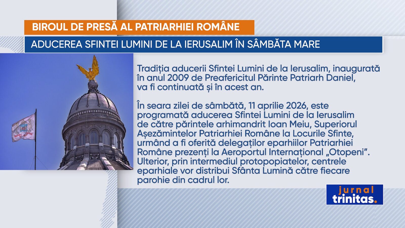Sfânta lumină de la ierusalim ajunge în România, de sâmbăta mare
