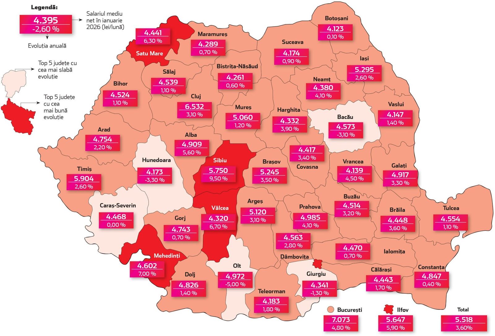 Harta salariilor, 2026: Patru județe au salarii mai mici ca anul trecut