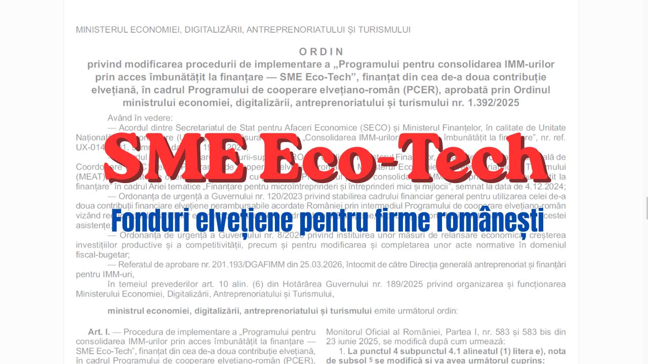 Fonduri elvețiene de 288 milioane lei pentru firmele SME Eco-Tech: Programul, modificat