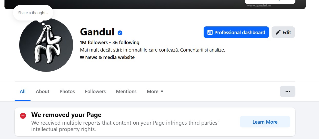 Gândul, victima Facebook? Pagina ziarului, cu 1 milion de fani, blocată