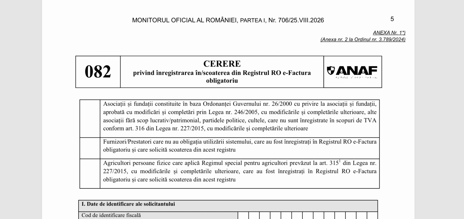 ANAF schimbă RO e-Factura: Noul formular 082, ordin publicat