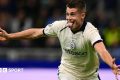 Club Brugge forward Nicolo Tresoldi celebrating scoring at Inter Milan in the Champions League