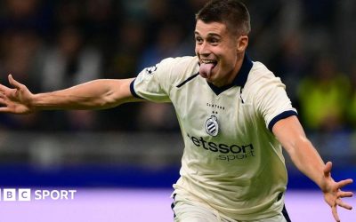 Club Brugge forward Nicolo Tresoldi celebrating scoring at Inter Milan in the Champions League